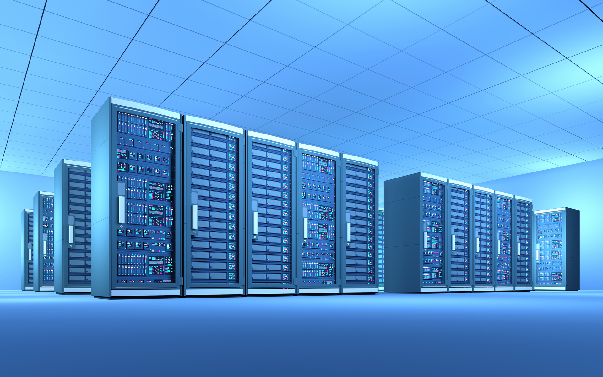 Mainframe computers in data center, blue illumination